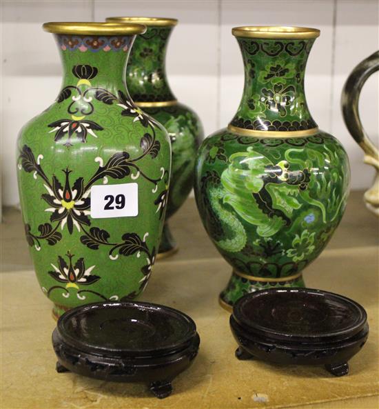 Three cloisonne enamel green ground vases